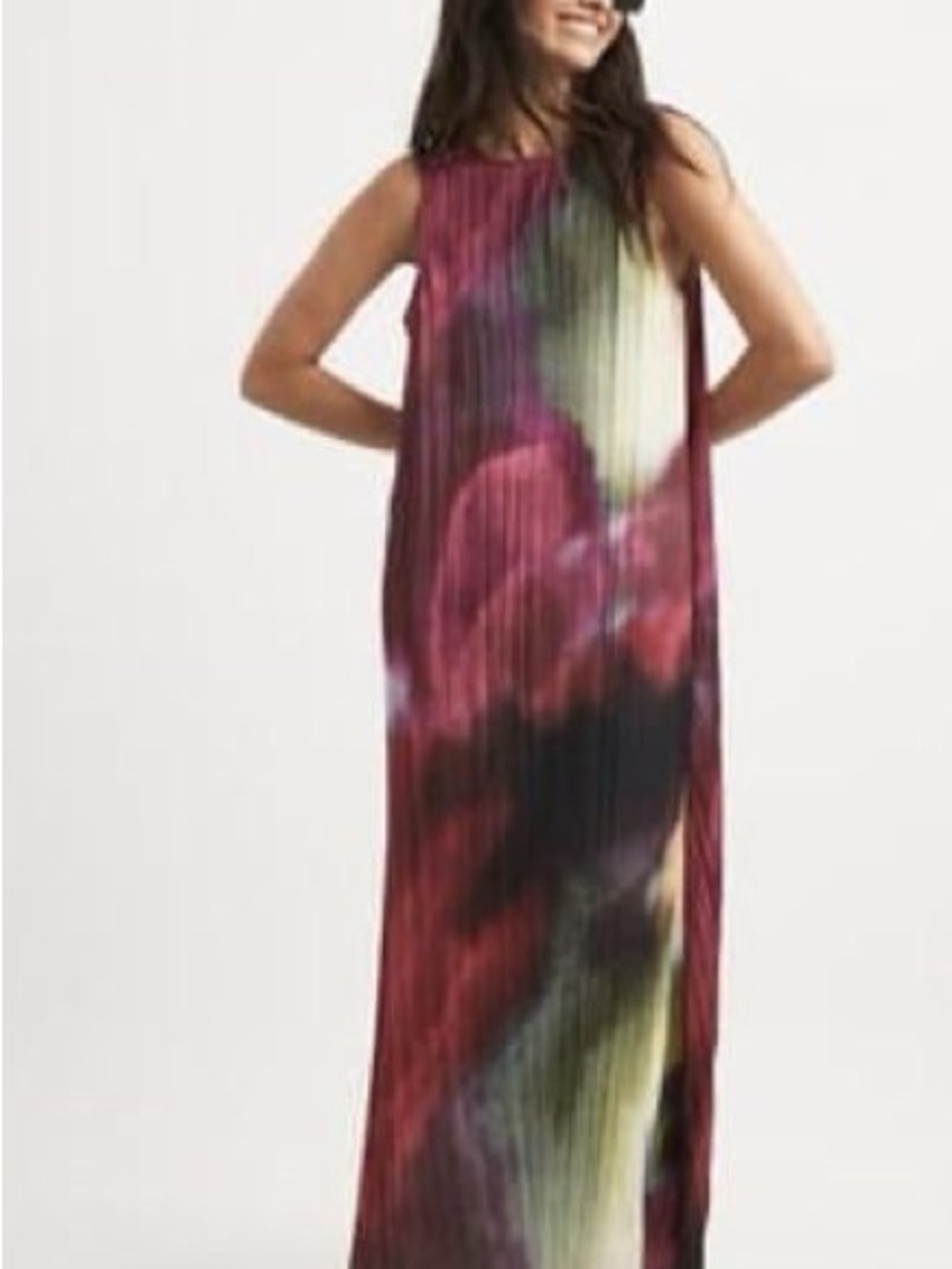 Pleated Maxi Cocktail Dress in Burgundy green Print deep low v back
